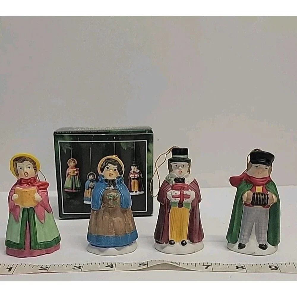 4 Vintage Village Carollers Porcelain Bisque Ornaments Hand‎ Painted Bells JSNY